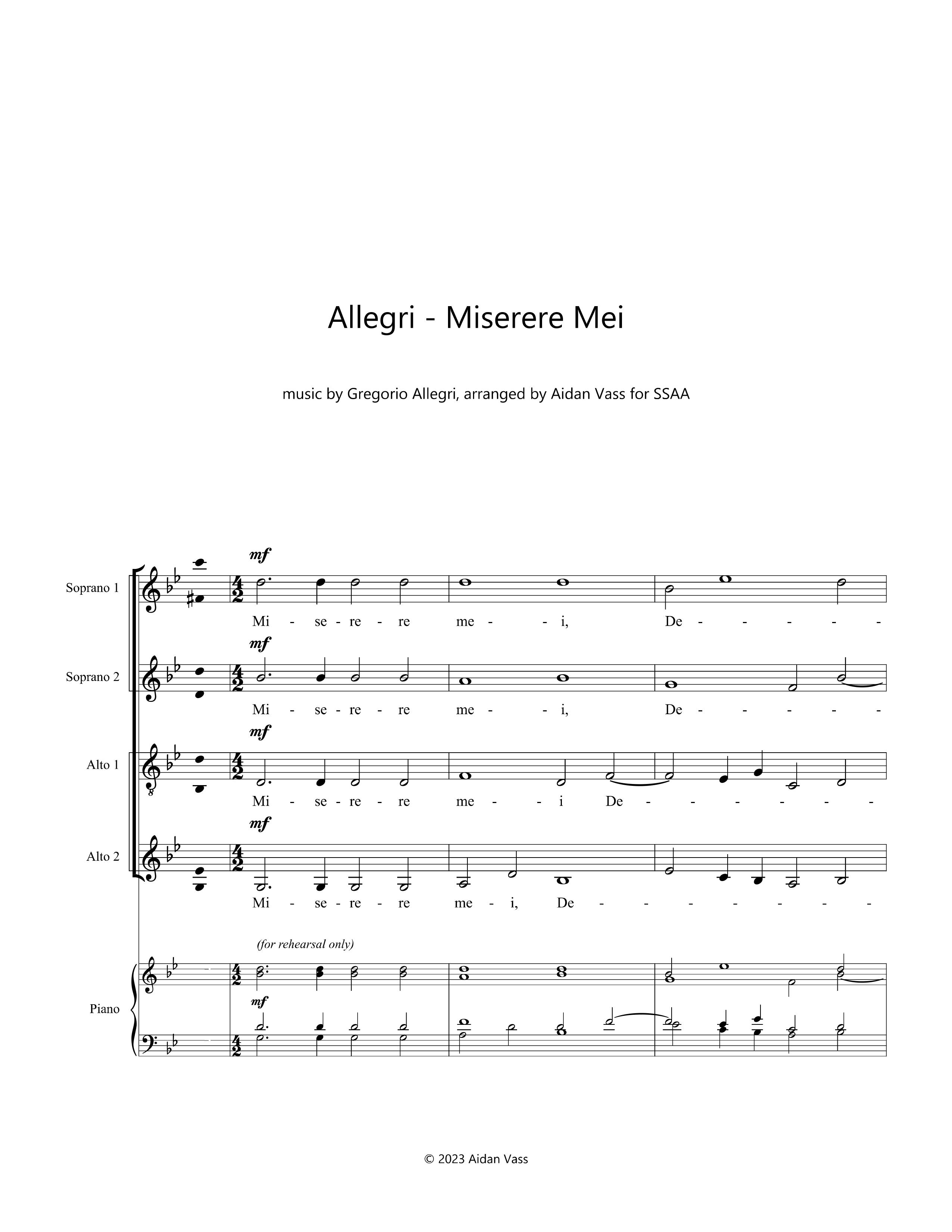 Allegri's Miserere, arranged for SSAA women's choir sheet music preview